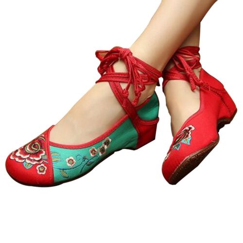 Chinese Embroidered Floral Shoes Women Ballerina Mary Jane Flat Ballet Cotton Lo