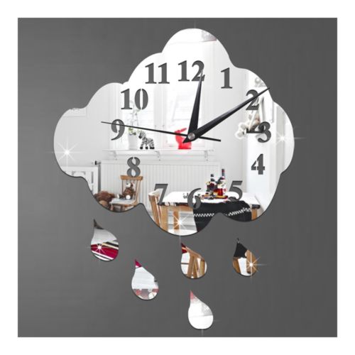 Creative 3D Silent Wall Clock Sticking Raindrop Mirror   silver