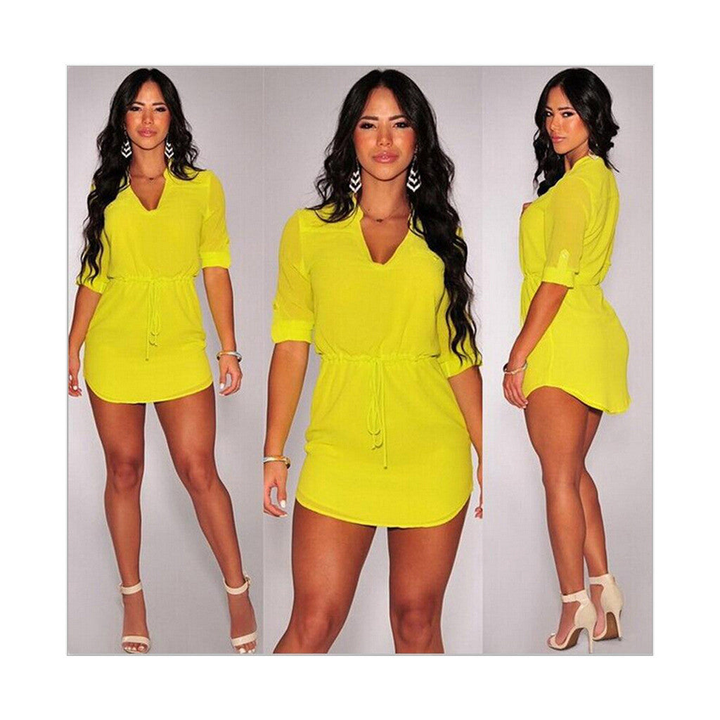 Spring Pure Color V Collar Middle Sleeve Irregular Sexy Tie-up Woman Attire Dress UZ1307  yellow   S - Mega Save Wholesale & Retail - 1