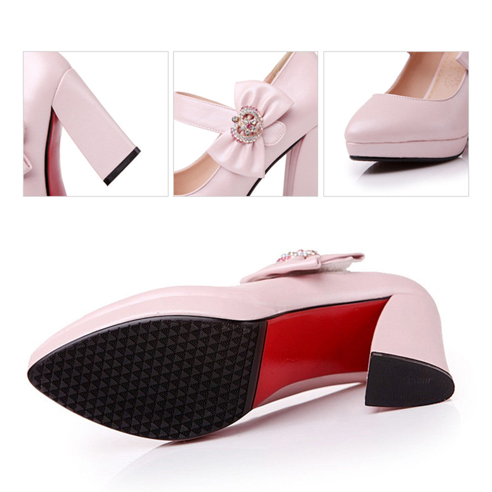 Platform High Thick Heel Bowknot Pointed Thin Shoes  pink - Mega Save Wholesale & Retail - 4