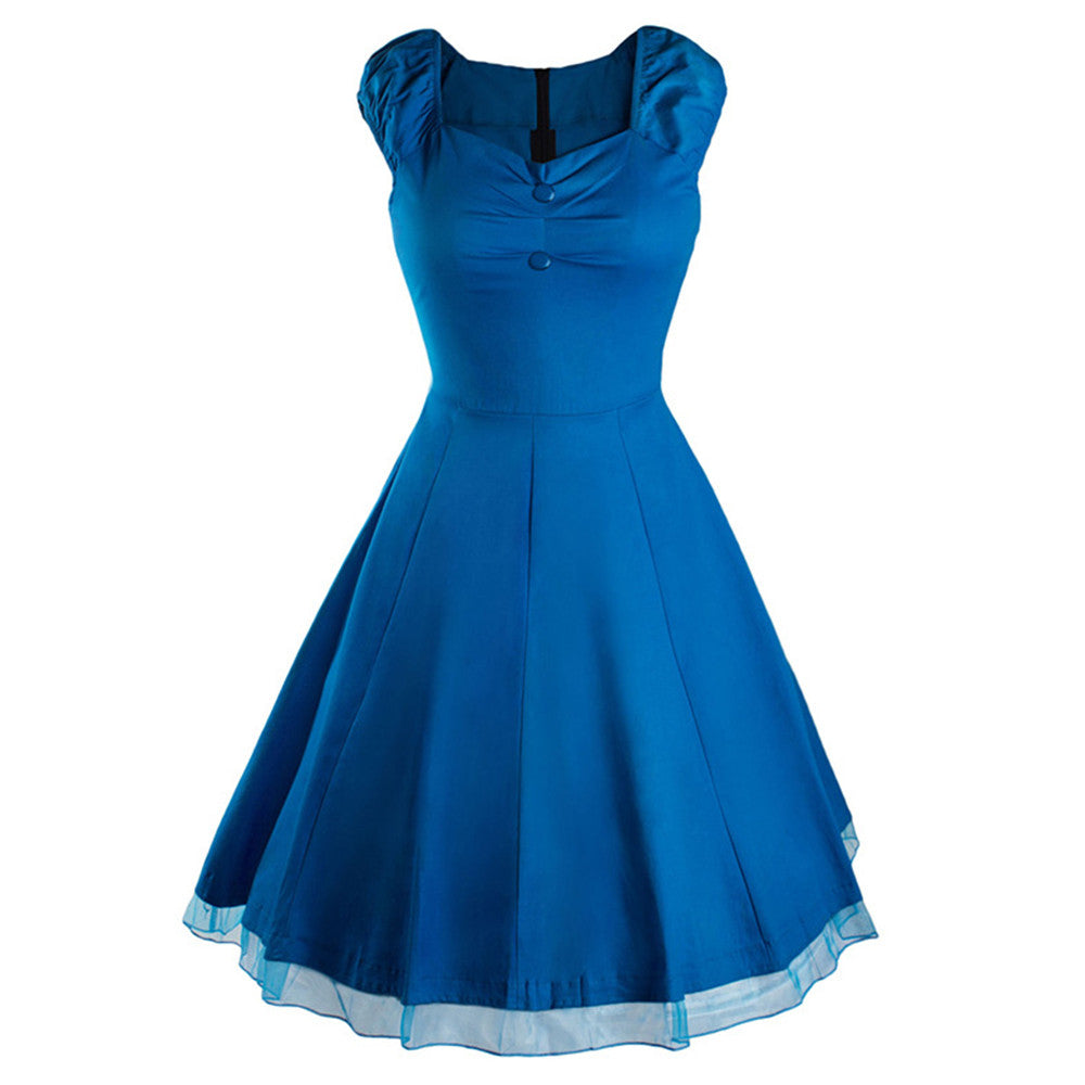 Vintage Hepburn Style Sleeveless Solid Color Dress   blue   S - Mega Save Wholesale & Retail - 1