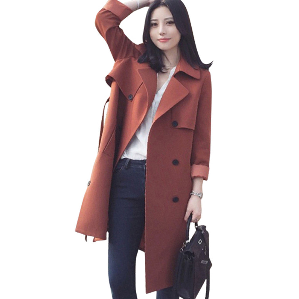 Double-breasted Woman Middle Long Solid Color Wind Coat   brick-red   S - Mega Save Wholesale & Retail - 1
