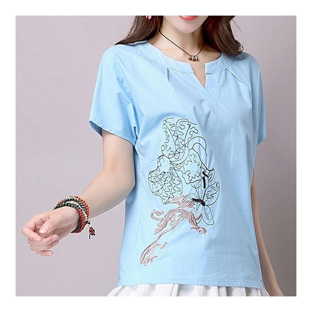 Loose Plus Size Cotton&Flax Casual Top T-shirt   sky blue