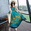 Sexy Sleeveless Boho Peacock Swing Maxi Long Dress with Belt