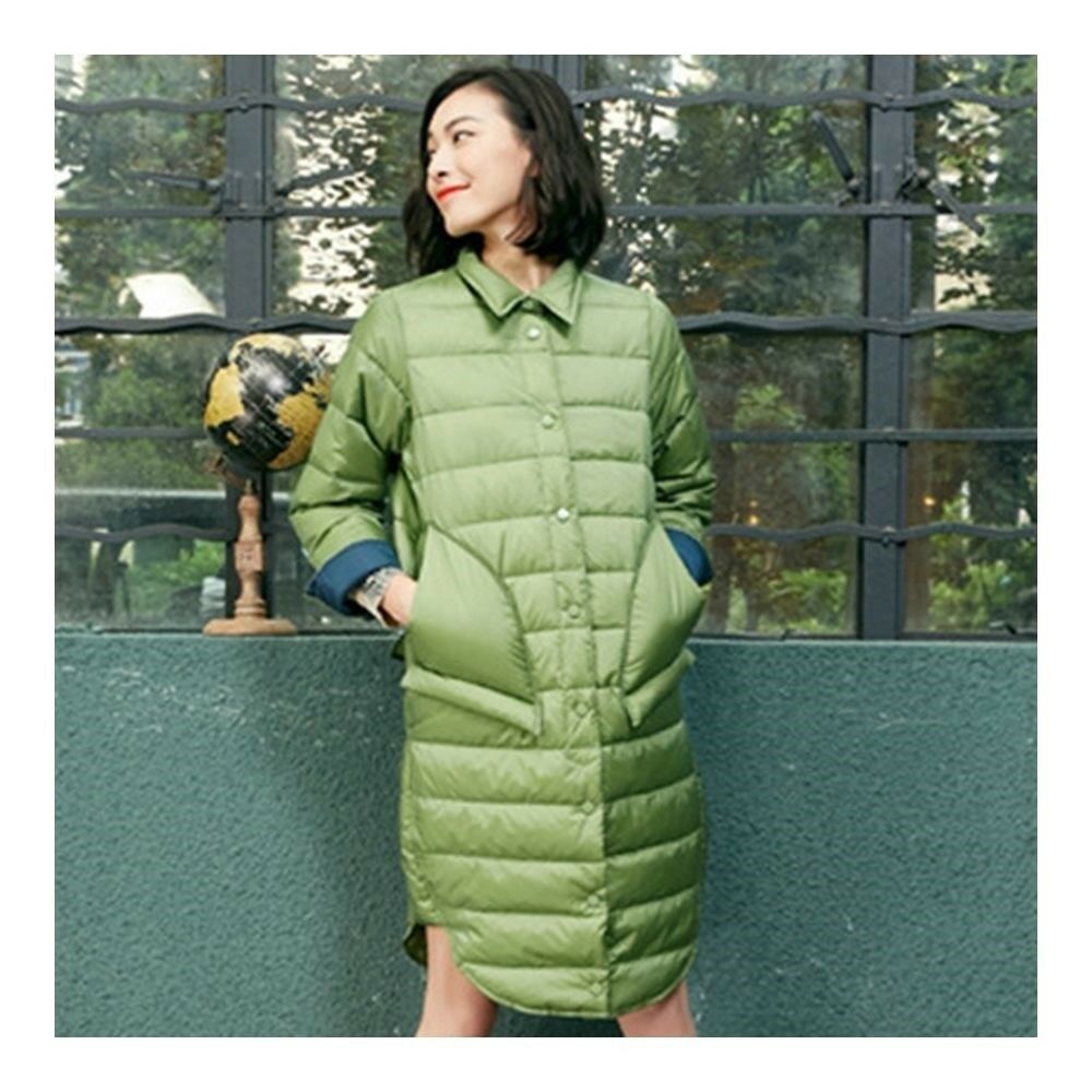 Middle Long Down Coat Woman Contrast Color Thin Light   pea green
