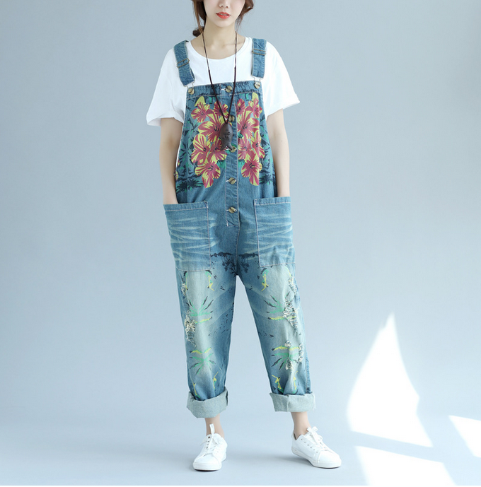 Blue Denim Jeans Boho Floral Baggy Boutique Jumpsuit Playsuit Overalls free size