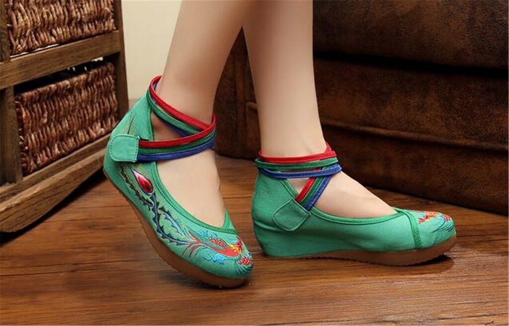 Chinese Embroidered Shoes Women Ballerina Cotton Elevator shoes Phoenix Green