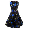Damen Vintage Kleid Sommer Drucken Big Schößchen Blau