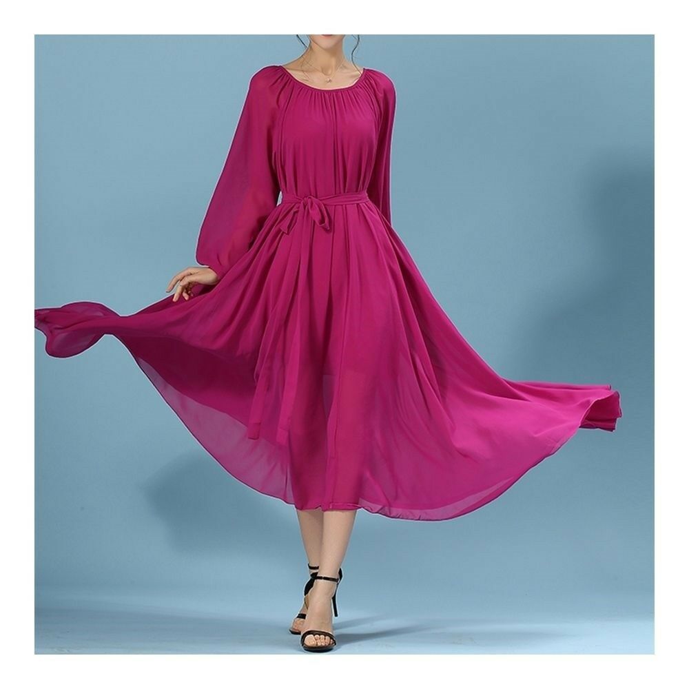 Long Sleeve Dress Bohemian Long Skirt Chiffon   rose red  S