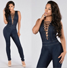 Blue Denim Sleeveless Faded Jeans Cross Neck Jumpsuit Overalls