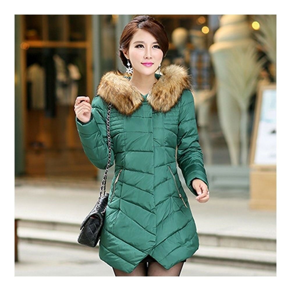 Middle Long Hoodied Fur Collar Casual Slim Thick Cotton Coat   green