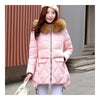 Winter Slim Middle Long Cotton Coat Plus Size Thick Hoodied Fur Collar   pink