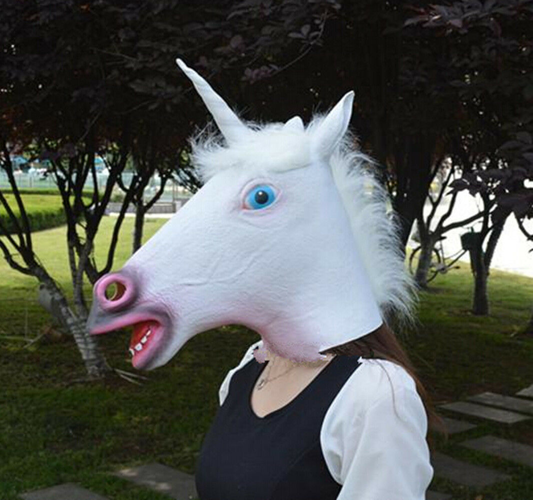 Unicorn Head Mask Rubber Latex Animal Costume Full head Mask Halloween Costume F