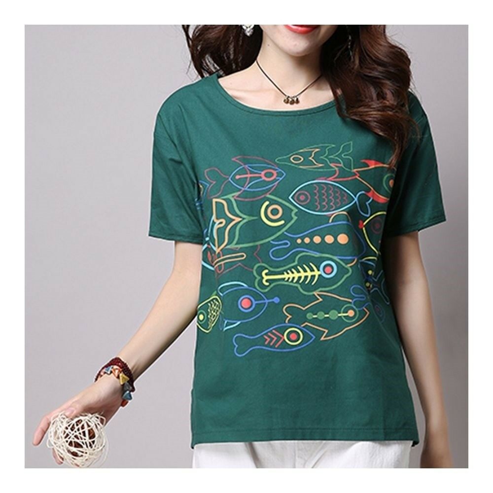 Loose Casual Little Fish Short Sleeve T-shirt   green