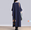 Bleu Lin Tissé Chiffon Patch Surdimensionné / Ample Robe Tunique