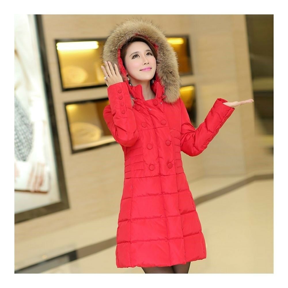 Plus Size Fur Collar Slim Thick Down Coat   red