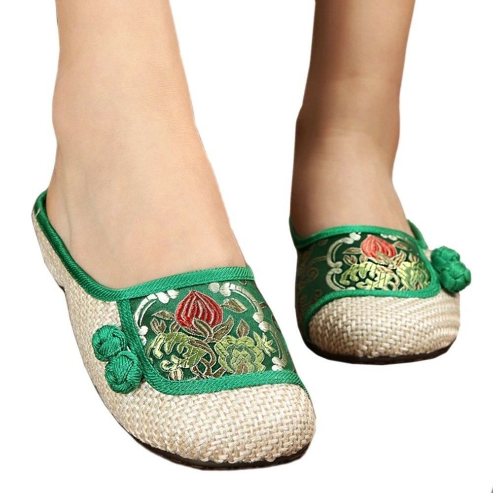 Old Beijing Cloth Embroidered Shoes Flax Slippers   green