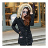 Hiver Femme Fin Milieu Long Col Fourrure à Capuche Coton Manteau Noir