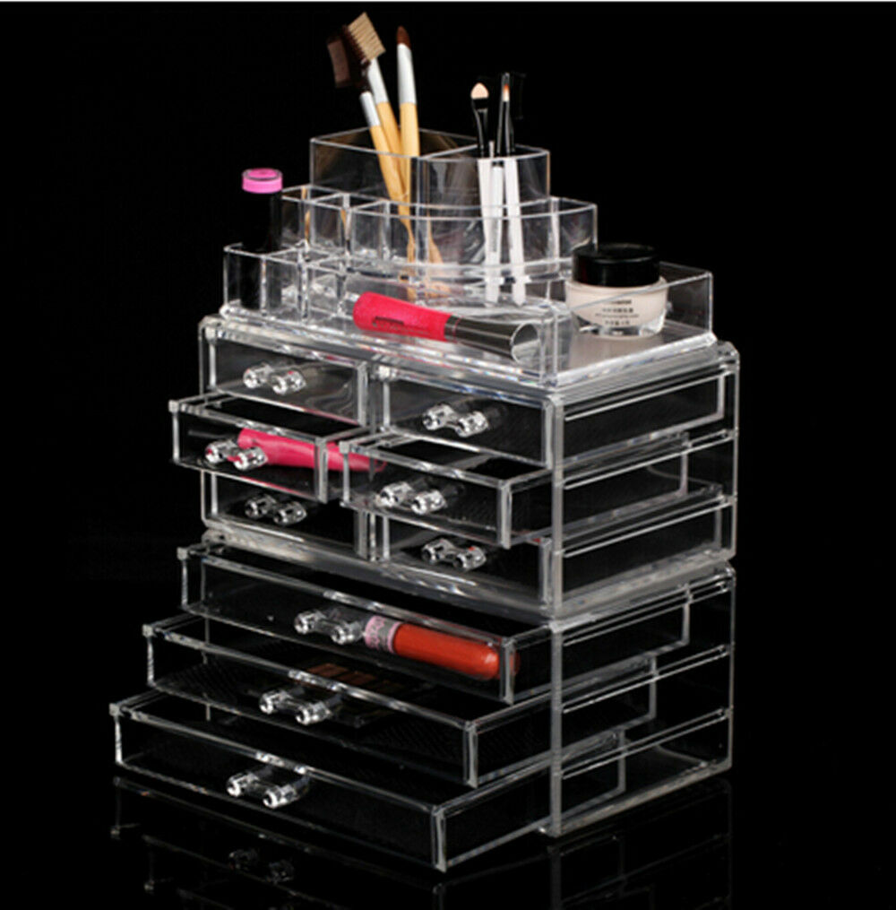 Makeup Cosmetics Jewelry Organizer Clear Acrylic 9 Drawers Display Box Storage