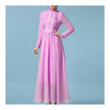 Vestido Manga Larga Cuello Alto Macramé con Plisados Violeta Claro S