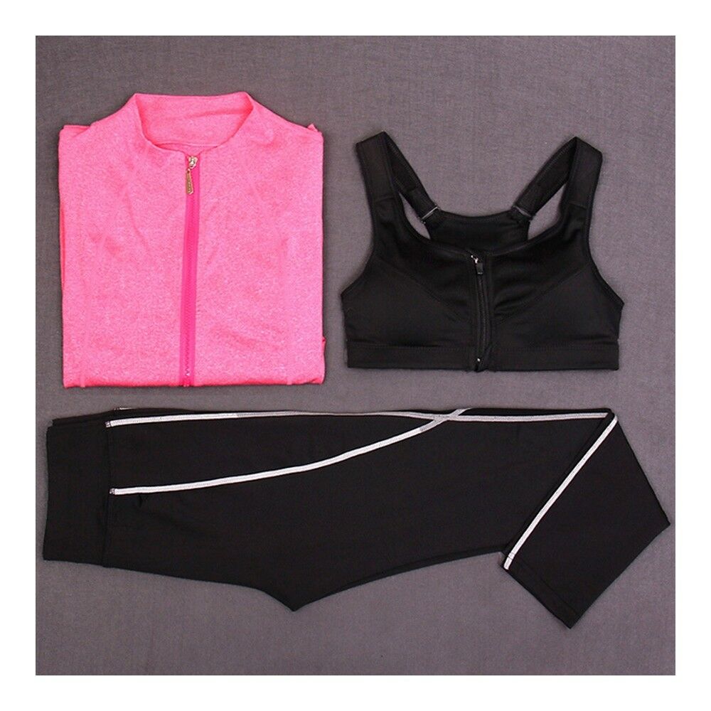Breathable Woman Running Sports Fitness Yoga Clothes 3pcs Set   rose