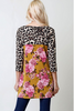 Blossom Floral Casual Jersey Top w Leopard Print Sleeves 4 Colors