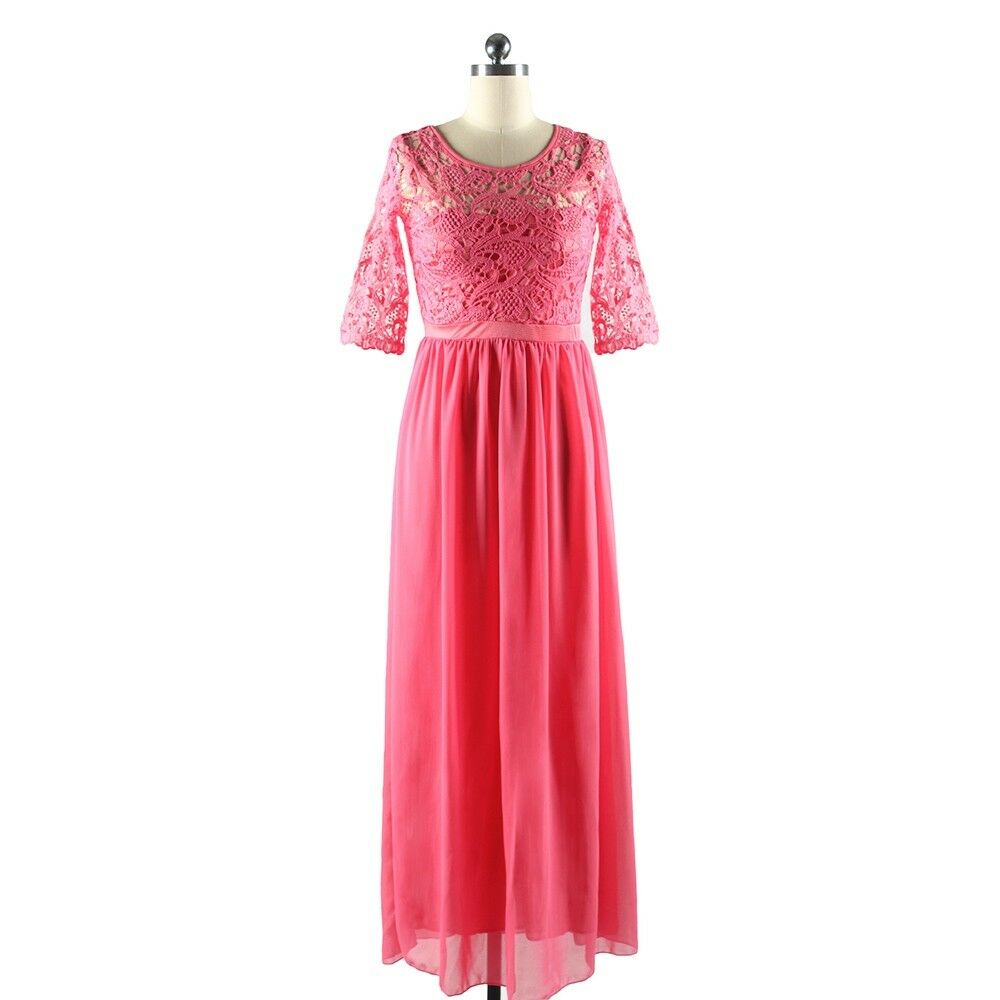 Lace Macrame Sexy Chiffon Full Dress   rose red