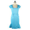 Damen Schmal Elastisch Kleid Rechteckiger Kragen Schön Komplettes Kleid Blau