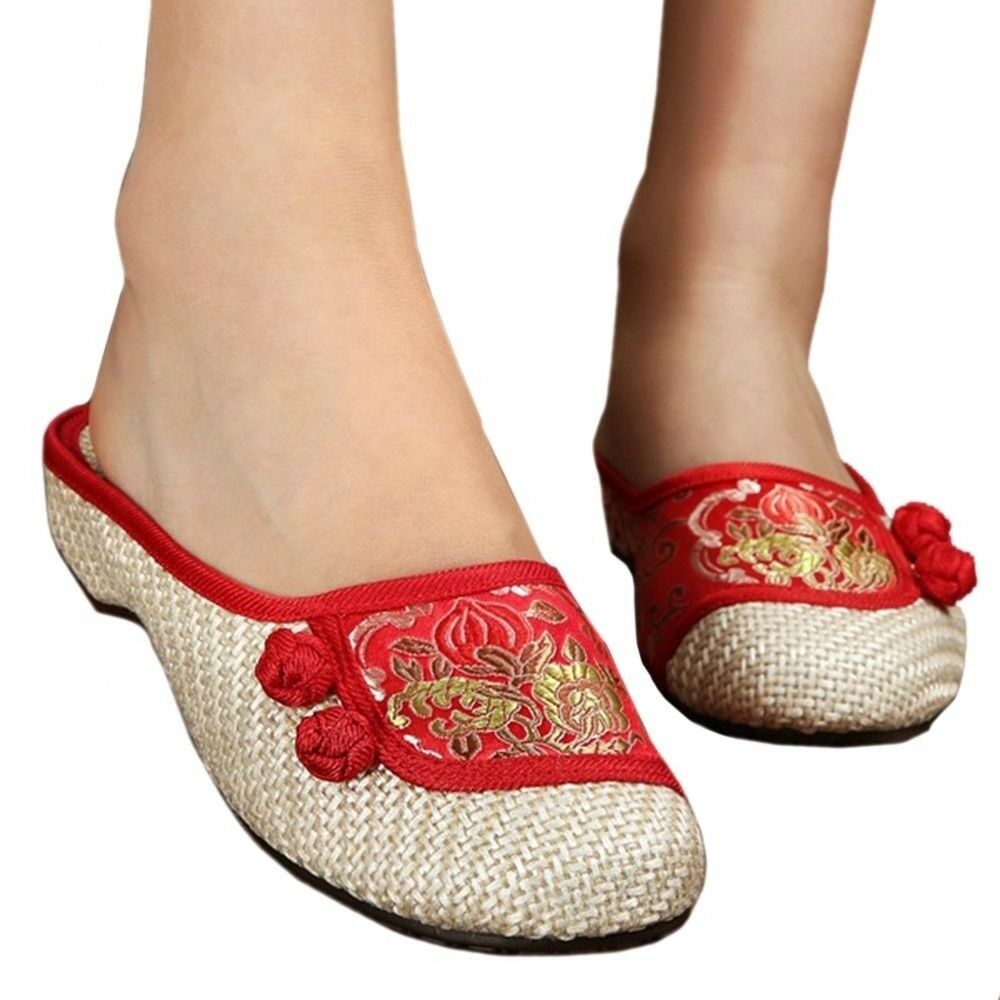 Old Beijing Cloth Embroidered Shoes Flax Slippers   red