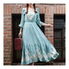 Mercerized Cotton Embroidery Craft Vintage Long Dress    sky blue   S
