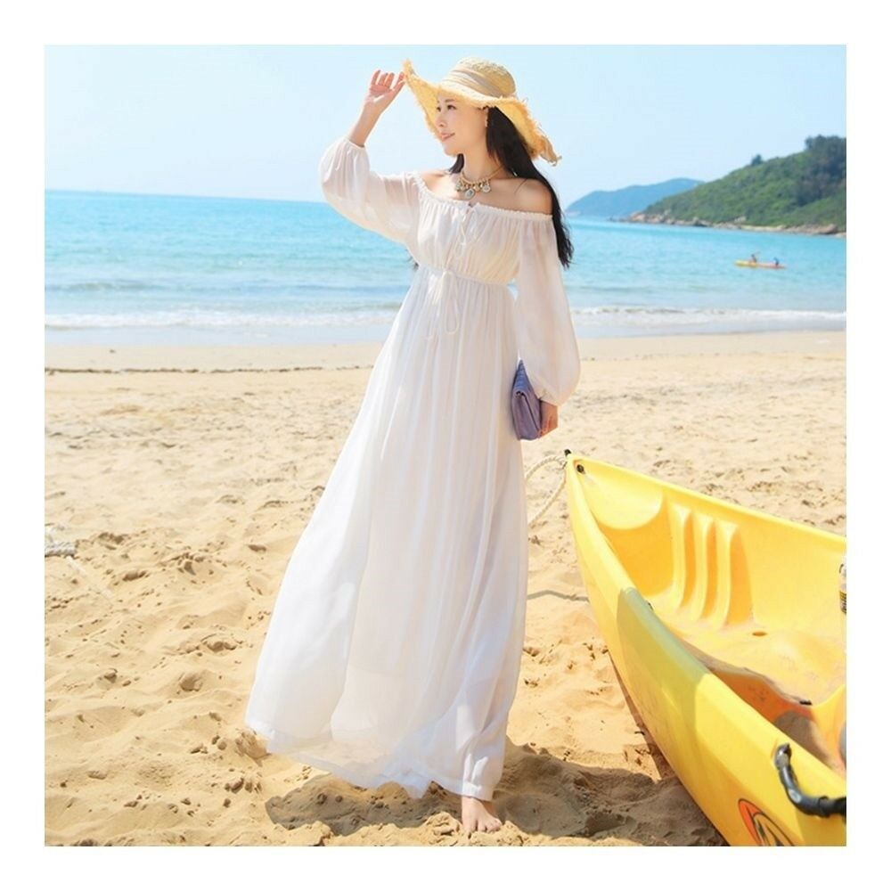 Boat Neck Off-shoulder Ballon Sleeve Beach Long Dress   white   S
