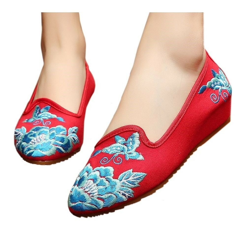 Butterfly with Flower Pointed Last Slipsole Old Beijing Cloth Shoes   red