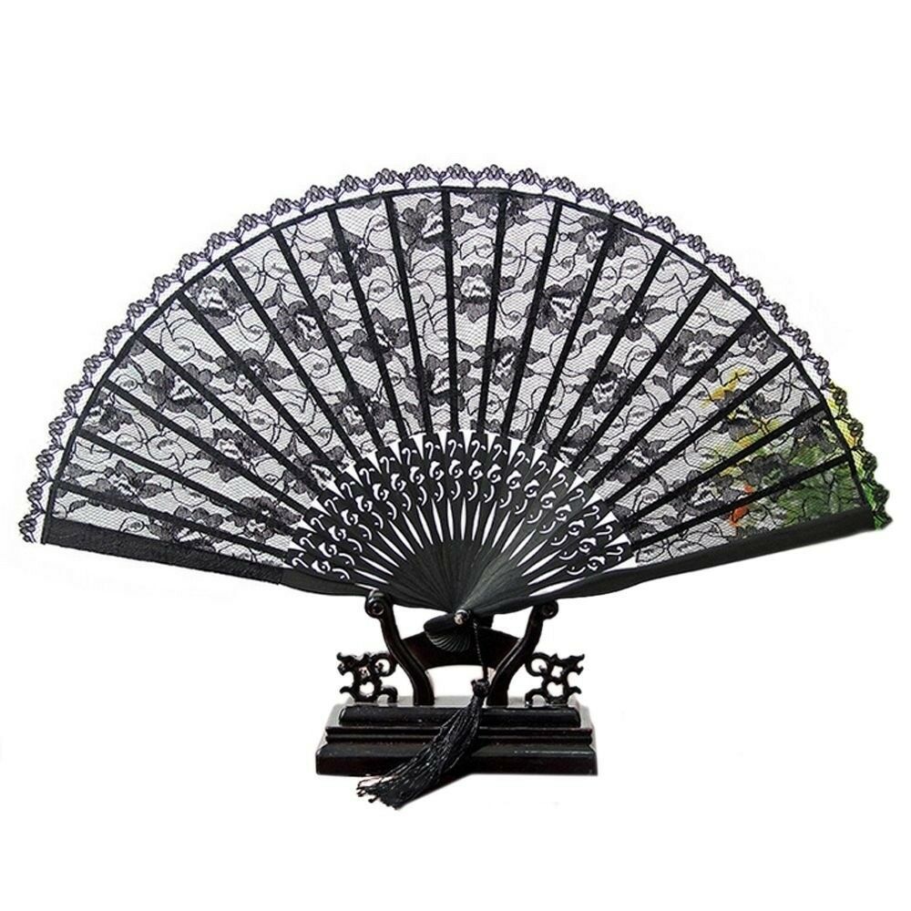 Double-layer Lace Folding Fan black bone black surface 23*40cm