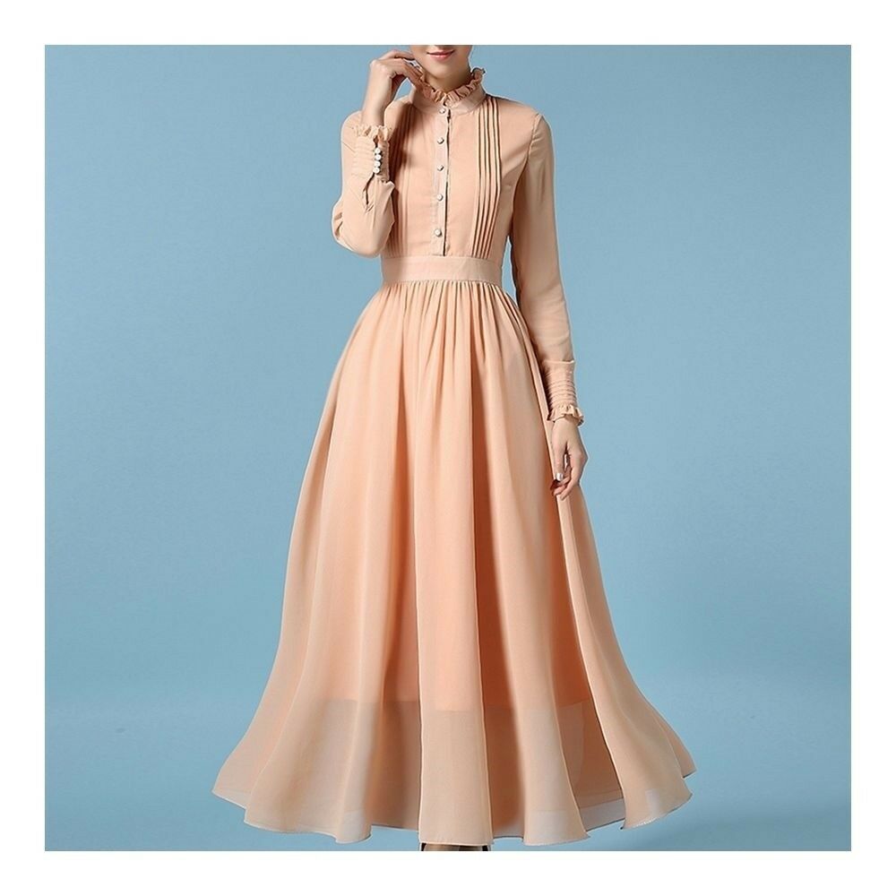 Long Sleeve Dress Stand Collar Macrame Pleat   nude pink  S