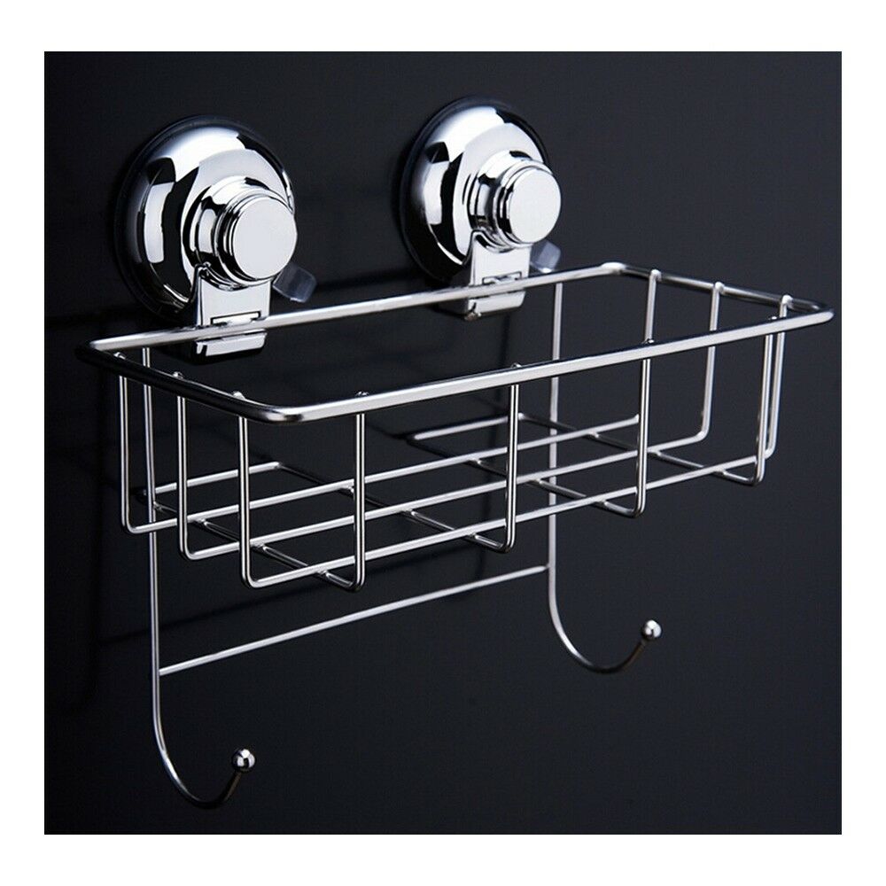 Vacuum Suction Cup Bathroom Kitchen Storage Basket with 2 hooks