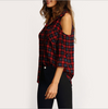 Sexy Open Shoulder Plaid Casual Tartan Shirt Blouse Top