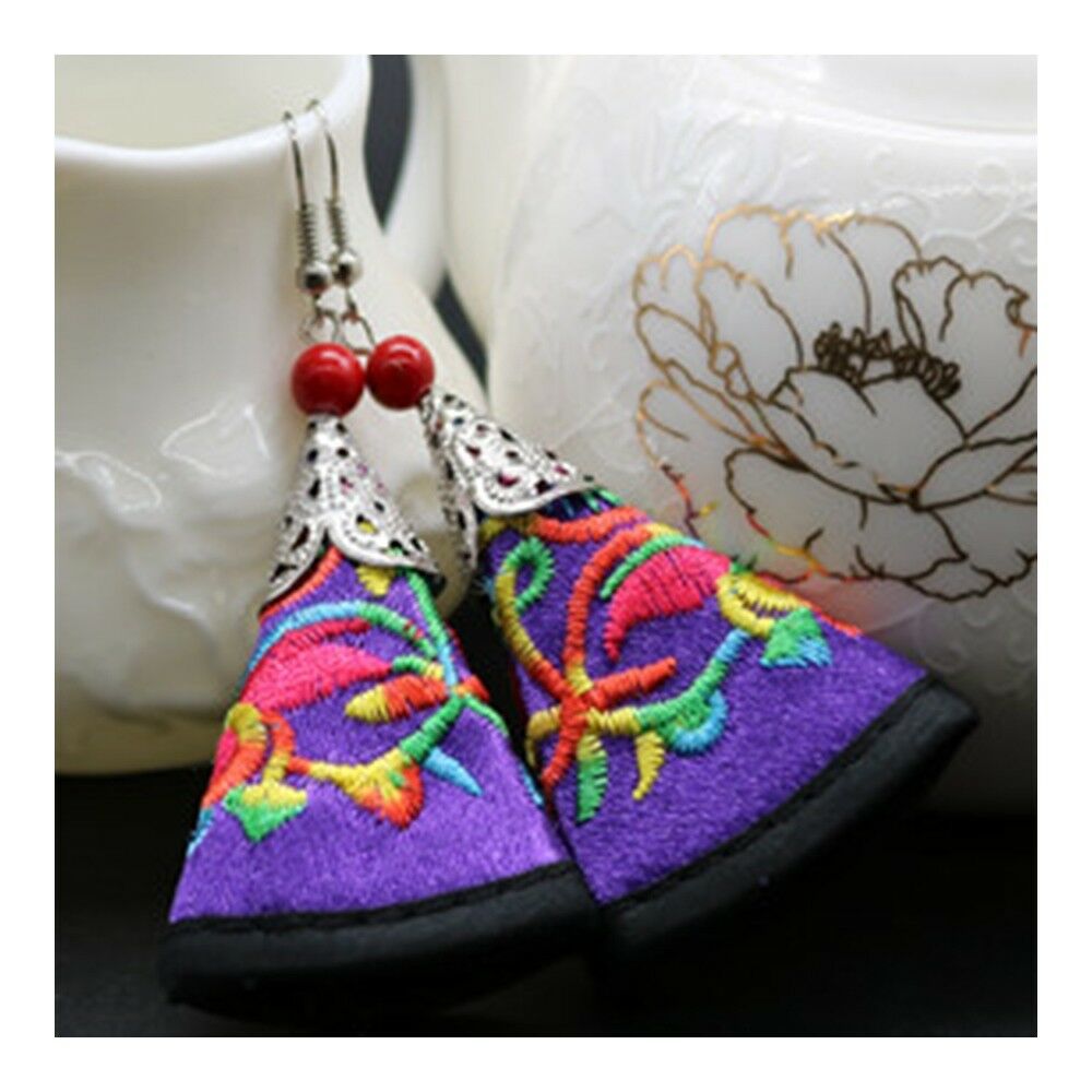 Cloth Embroidery Long Earrings Stylish  purple