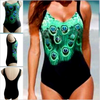 Black Peacock Print Padded Bikini Set Tankini 1Piece Monokini Swimwear Plus Size