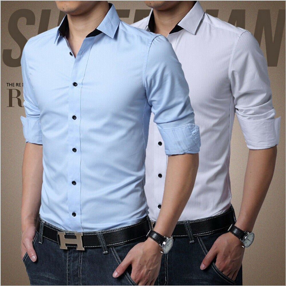 Mens Luxury Stylish Casual Dress Slim Fit T-Shirts Casual Long Sleeve