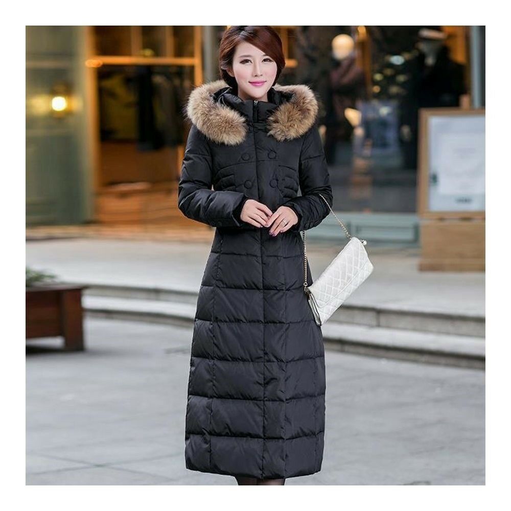 Long Down Coat Plus Size Big Fur Collar Slim Thick    black