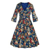 Hepburn Style Revers Drucken Big Schößchen Vintage Kleid Marineblau