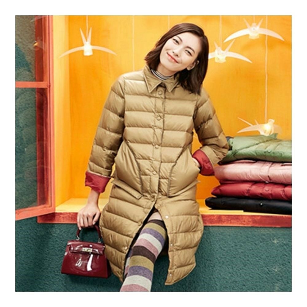Middle Long Down Coat Woman Contrast Color Thin Light   golden camel