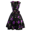 Damen Vintage Kleid Sommer Drucken Big Schößchen Lila
