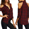 Sexy Open Shoulder Plaid Casual Tartan Shirt Blouse Top