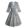 Hepburn Style Lapel Printing Big Peplum Vintage Dress   blue