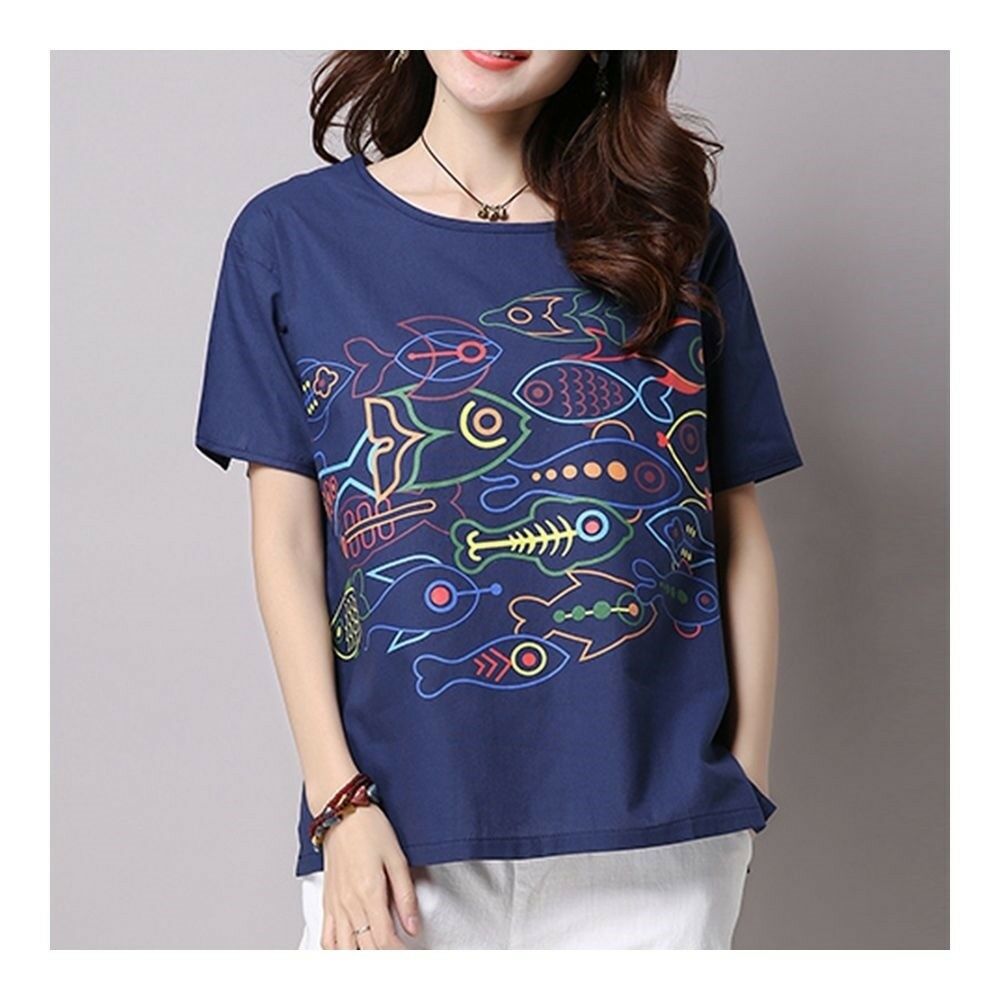 Loose Casual Little Fish Short Sleeve T-shirt   dark blue