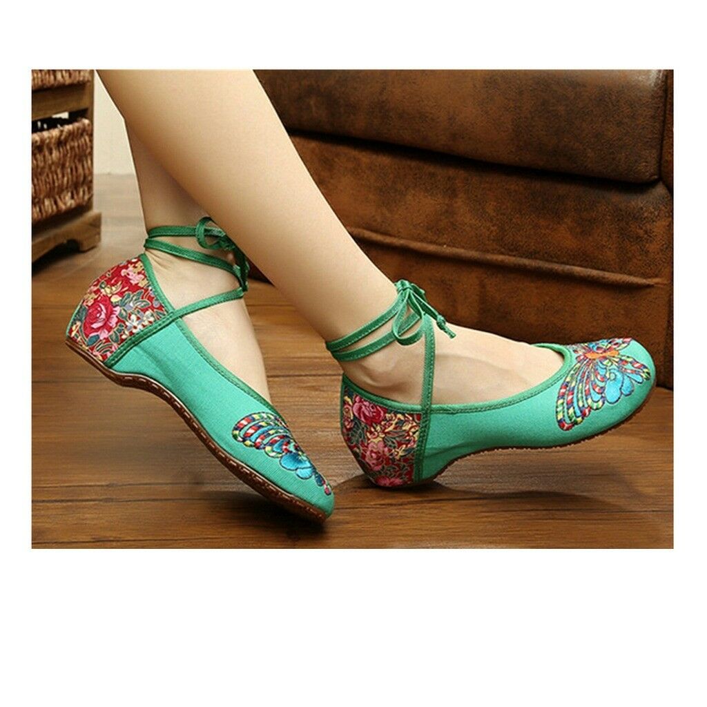 Vintage Chinese Embroidered Floral Shoes Women Ballerina Mary Jane Flat Ballet C