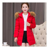Woman Slim Middle Long Hoodied Thick Fur Collar Down Coat    red