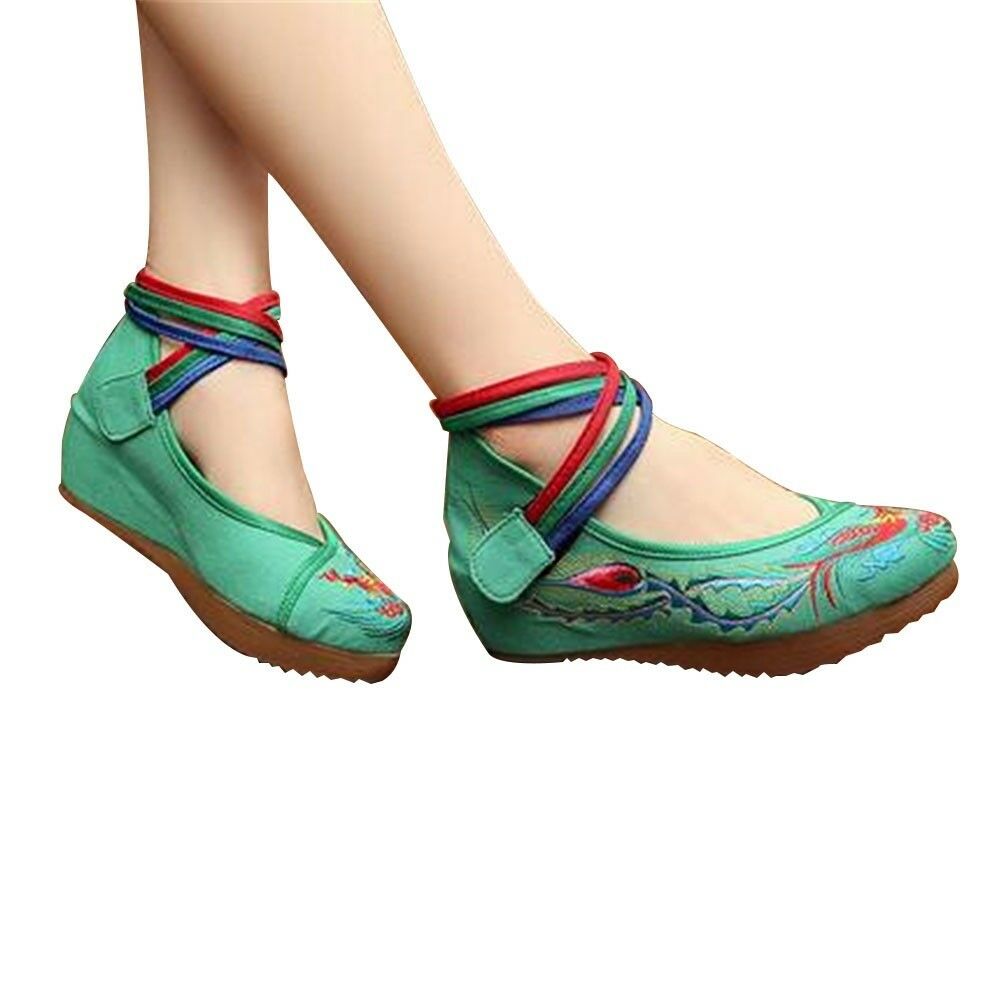 Chinese Embroidered Shoes Women Ballerina Cotton Elevator shoes Phoenix Green