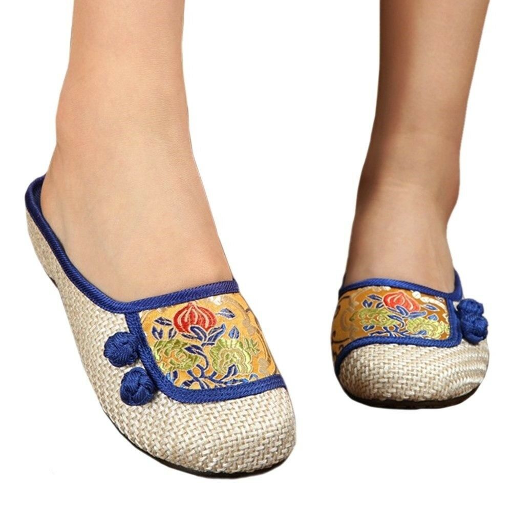 Old Beijing Cloth Embroidered Shoes Flax Slippers  blue